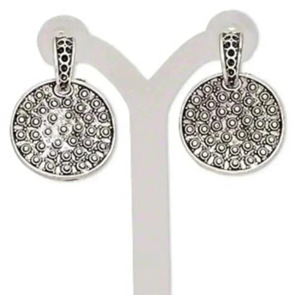 Antique Silver Plated Avant Garde Dotted Round Circle Dangle Earrings - Picture 1 of 2